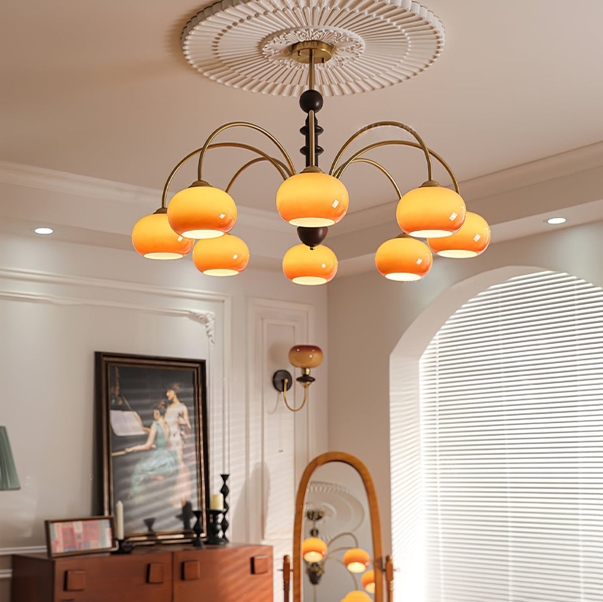 Ripe Persimmon Chandelier – Modern Glass & Wood Pendant Light for Dining Room