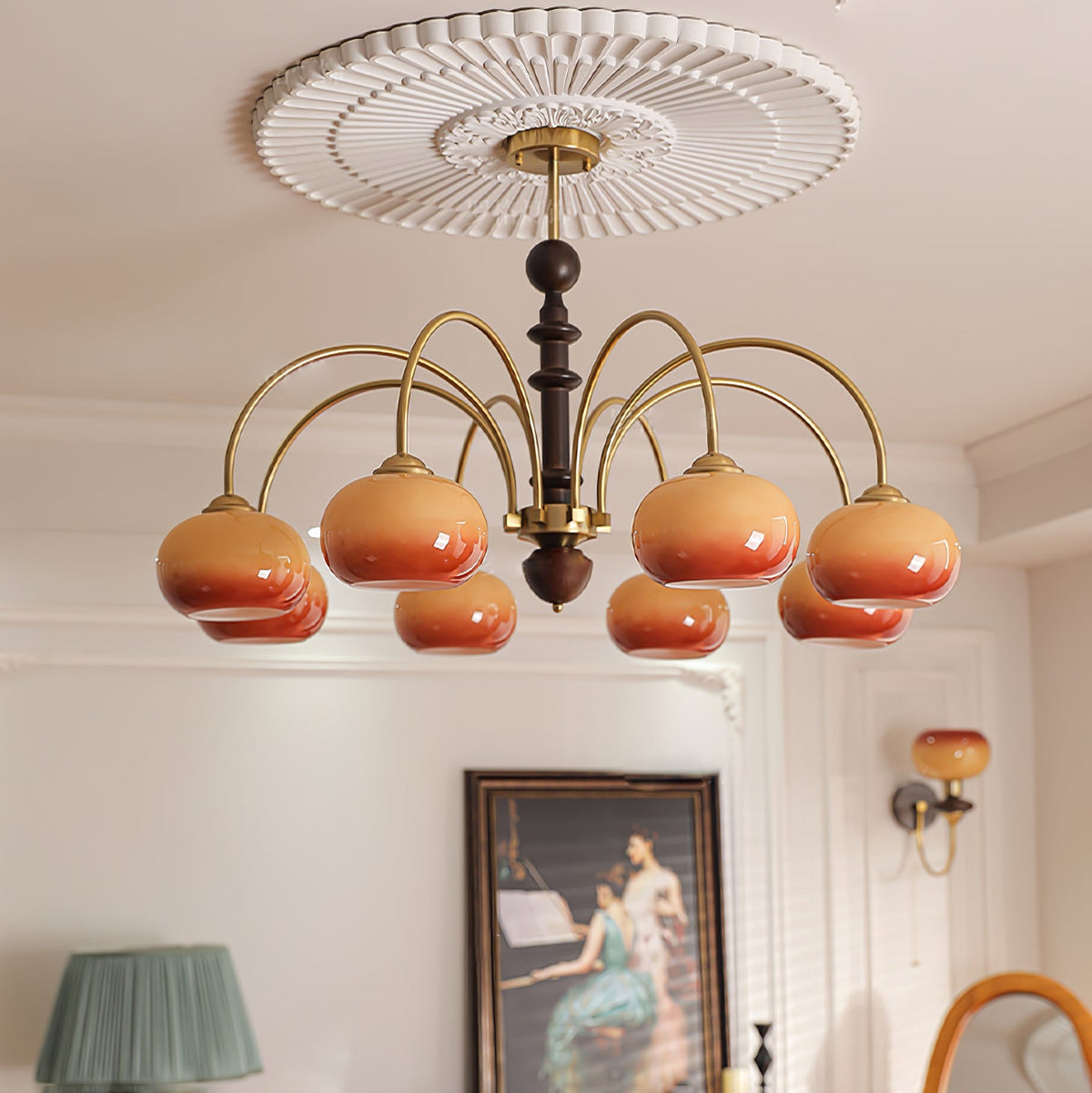Ripe Persimmon Chandelier – Modern Glass & Wood Pendant Light for Dining Room