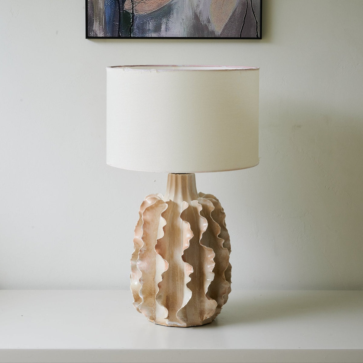 Rippled Ceramic Table Lamp with Fabric Shade for Living Room & Bedroom