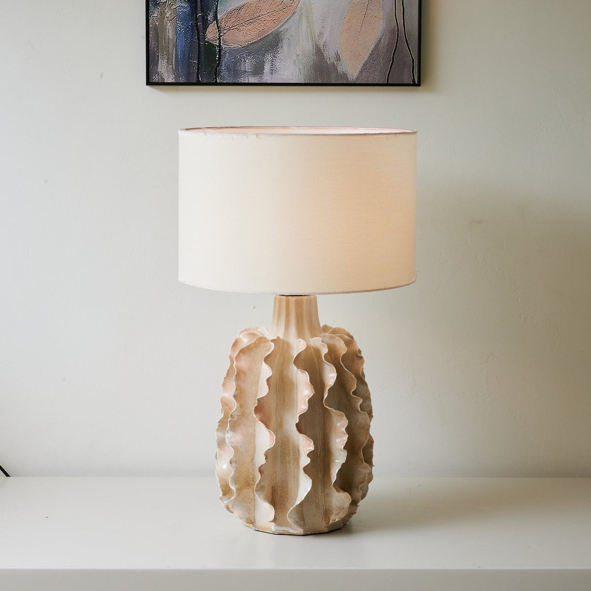 Rippled Ceramic Table Lamp with Fabric Shade for Living Room & Bedroom