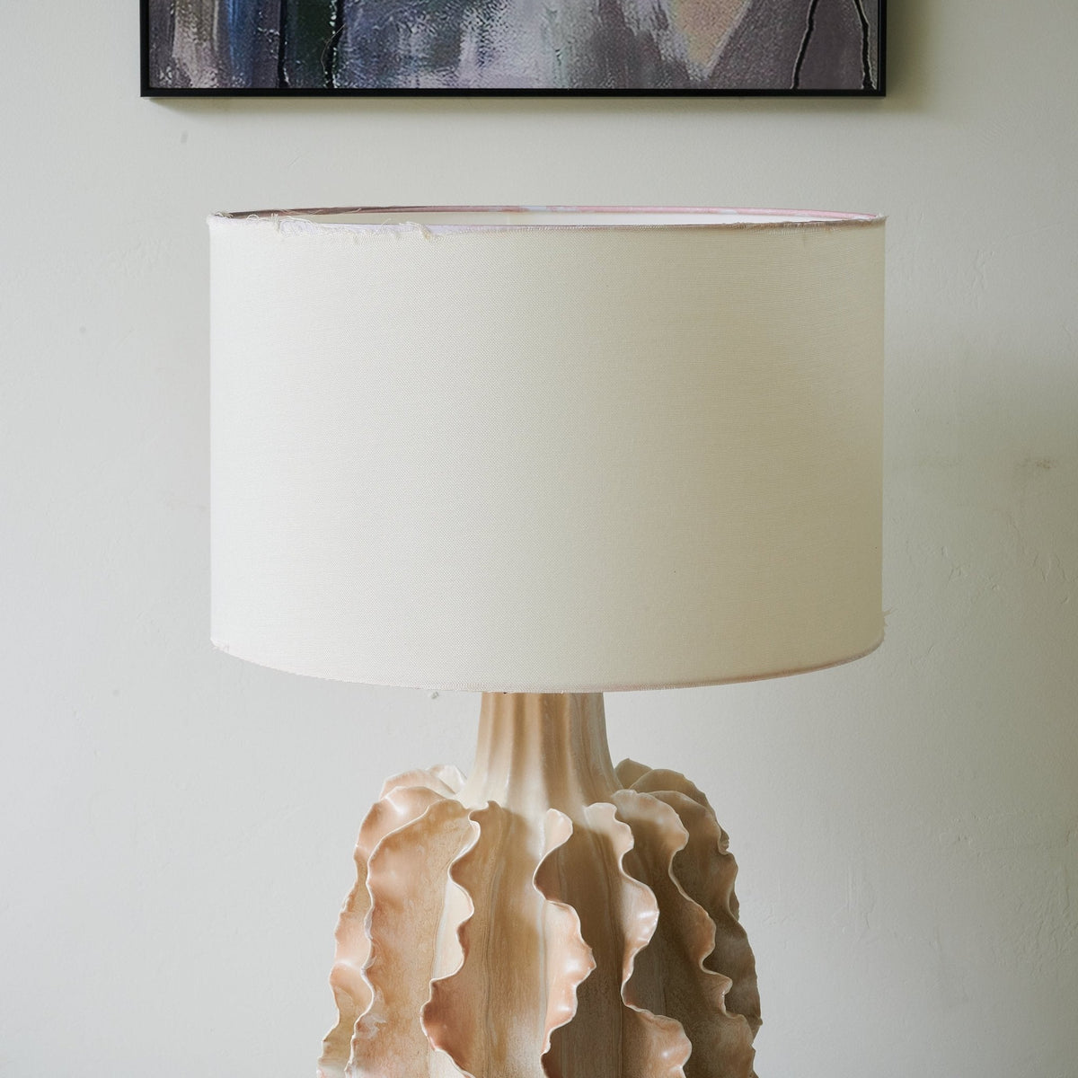 Rippled Ceramic Table Lamp with Fabric Shade for Living Room & Bedroom