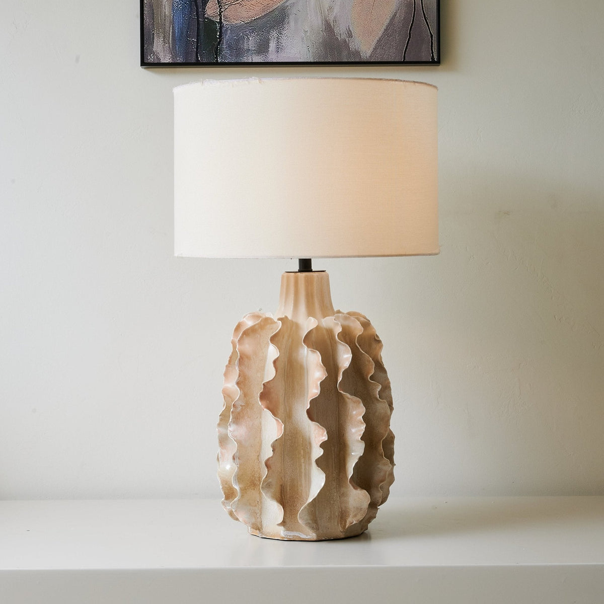 Rippled Ceramic Table Lamp with Fabric Shade for Living Room & Bedroom