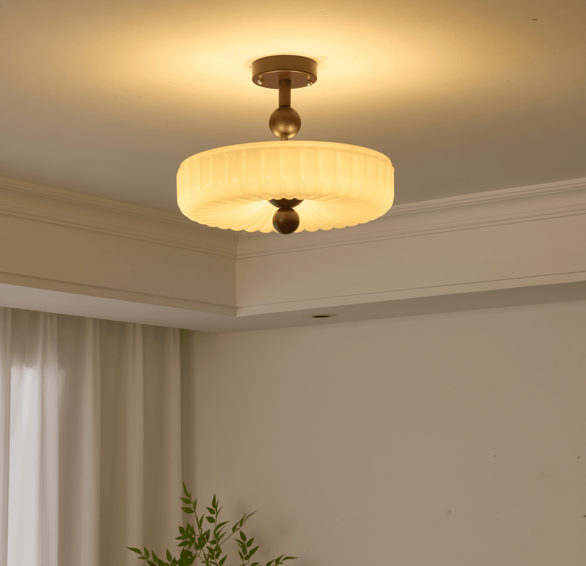 Rippling Bloom Flush Mount Ceiling Light in Opaline Glass and Walnut