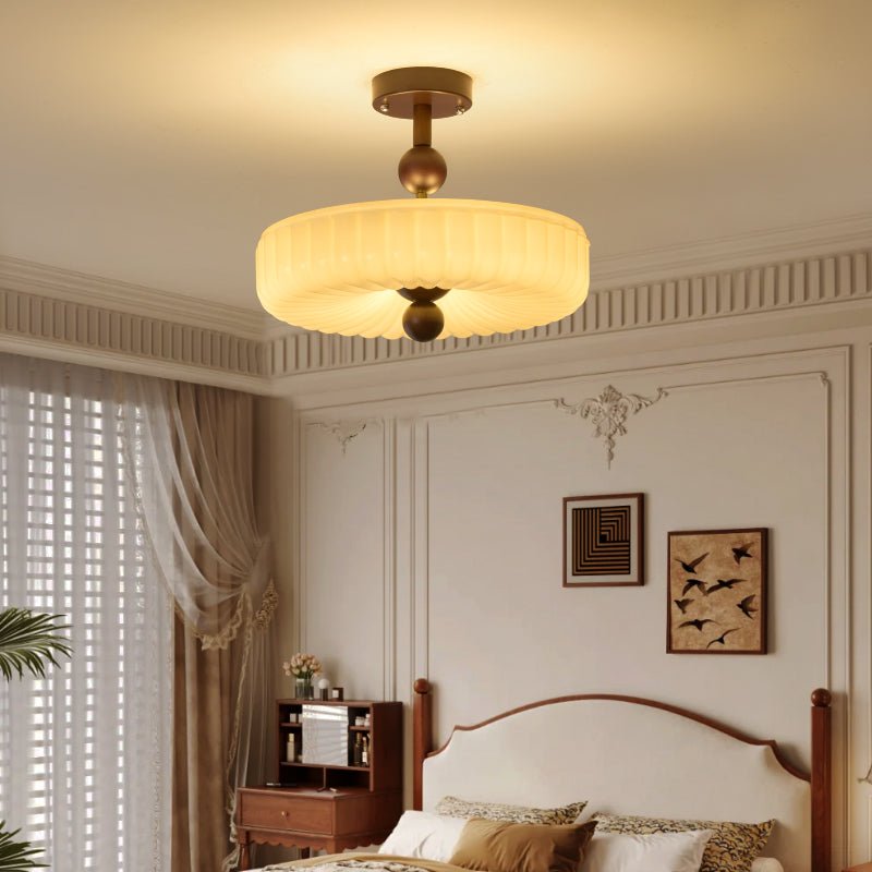 Rippling Bloom Flush Mount Ceiling Light in Opaline Glass and Walnut