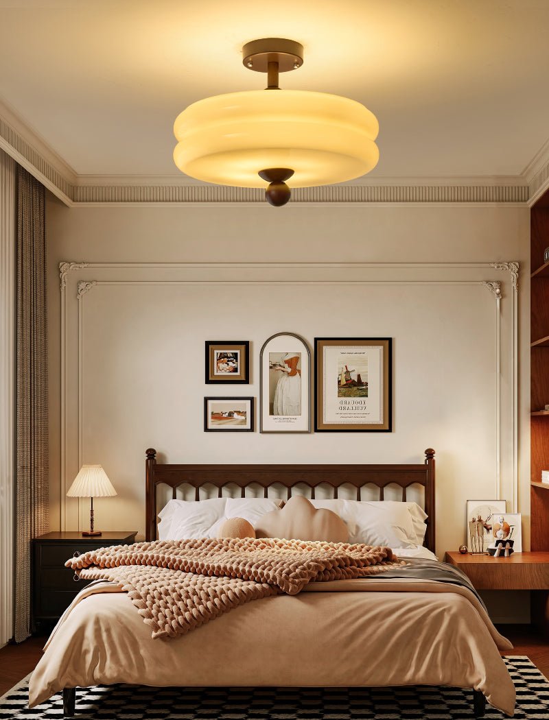 Rippling Bloom Flush Mount Ceiling Light in Opaline Glass and Walnut