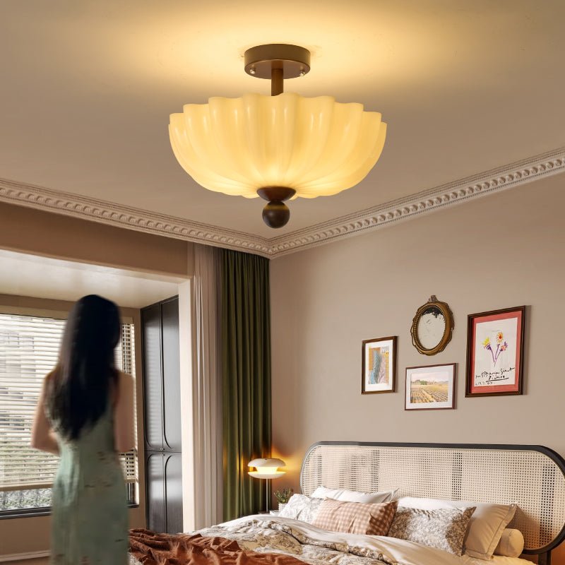 Rippling Bloom Flush Mount Ceiling Light in Opaline Glass and Walnut