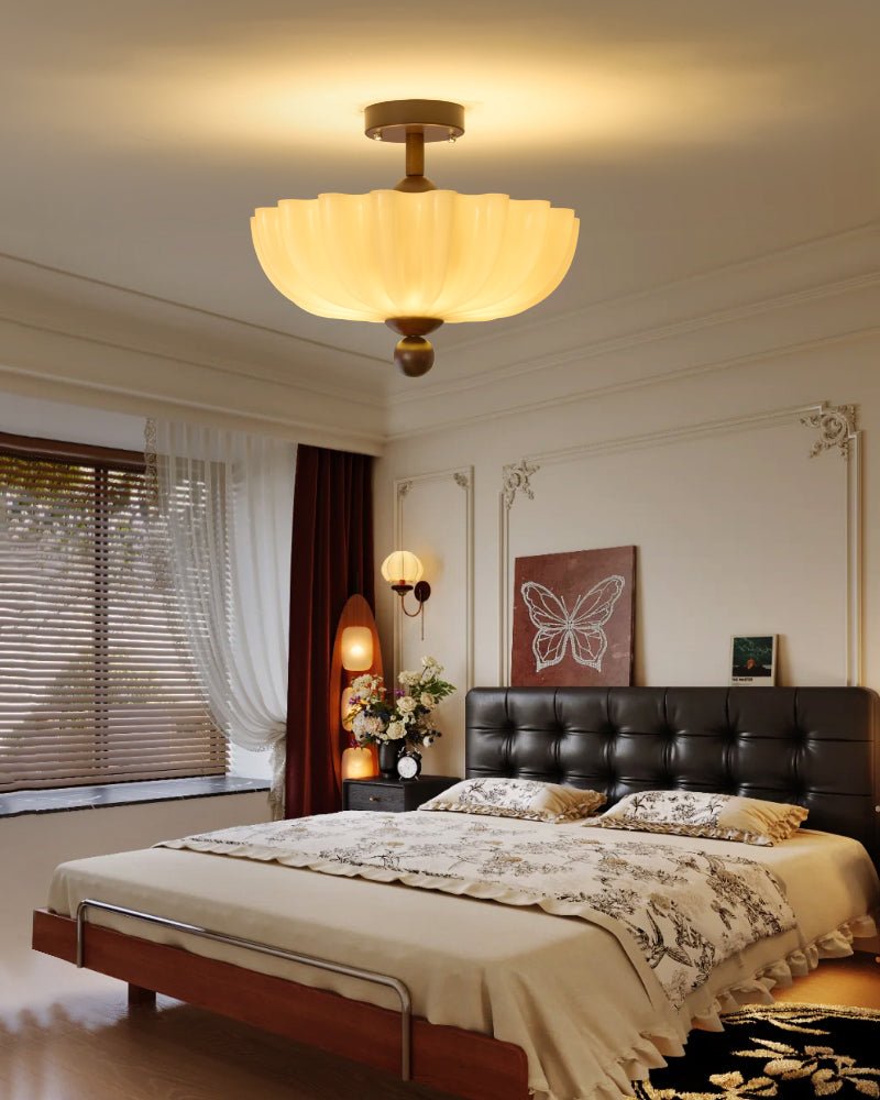 Rippling Bloom Flush Mount Ceiling Light in Opaline Glass and Walnut