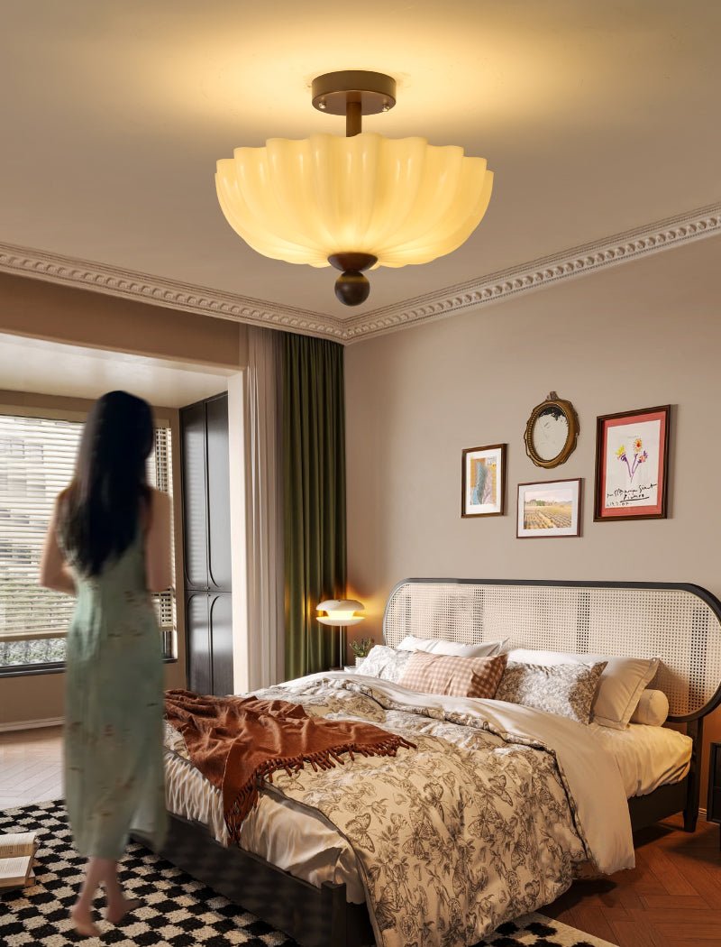 Rippling Bloom Flush Mount Ceiling Light in Opaline Glass and Walnut