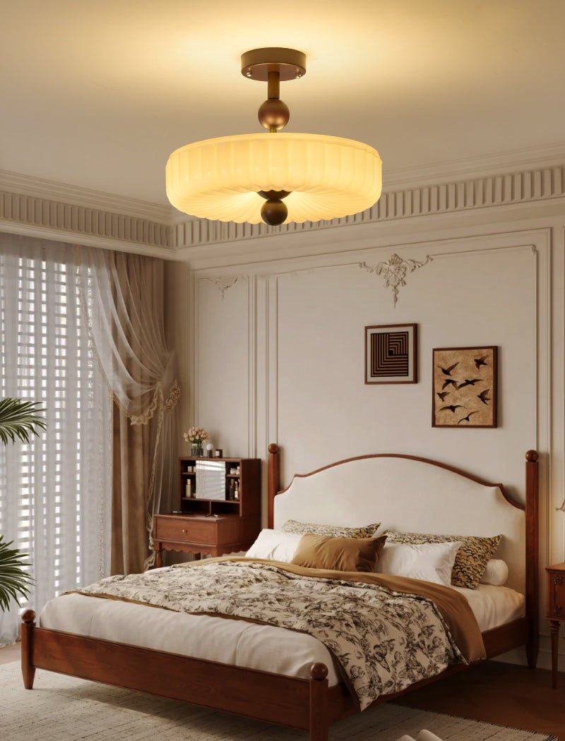 Rippling Bloom Flush Mount Ceiling Light in Opaline Glass and Walnut