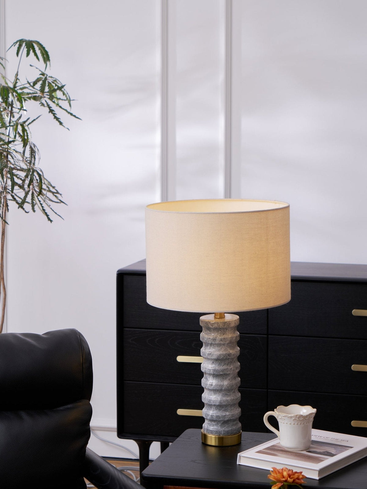 Rivara Stone Table Lamp – Sculptural Marble Base with Linen Shade