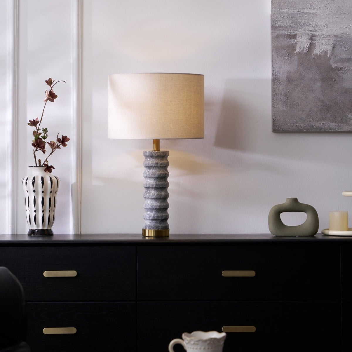Rivara Stone Table Lamp – Sculptural Marble Base with Linen Shade
