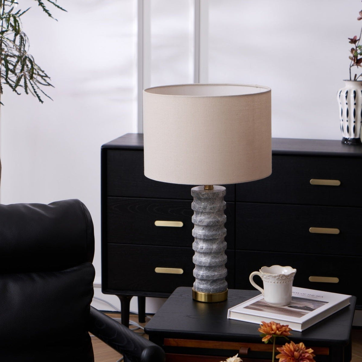 Rivara Stone Table Lamp – Sculptural Marble Base with Linen Shade