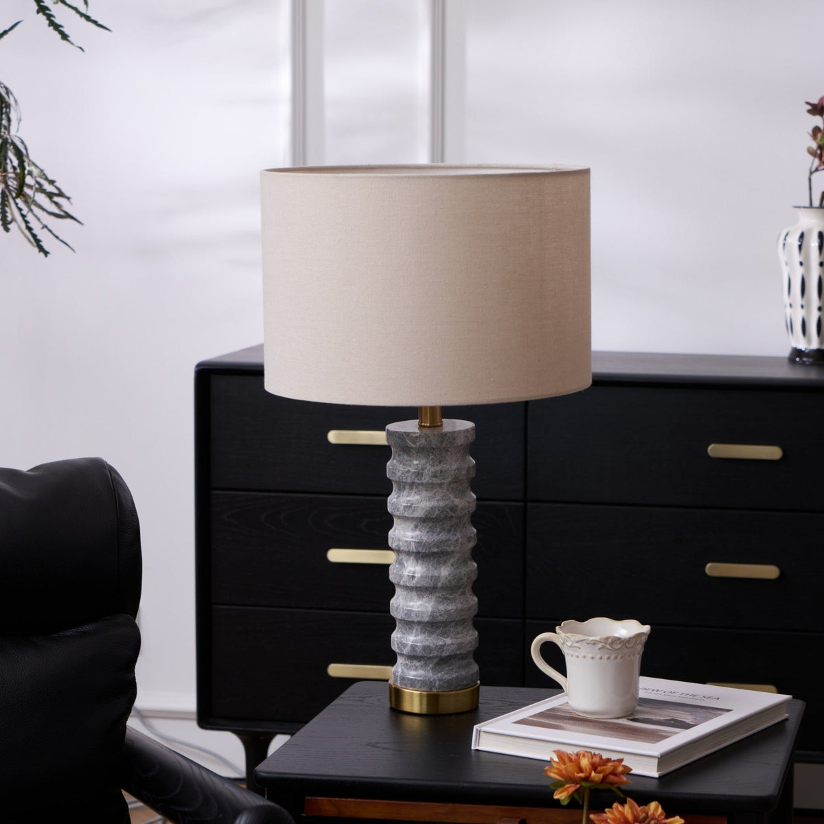 Rivara Stone Table Lamp – Sculptural Marble Base with Linen Shade