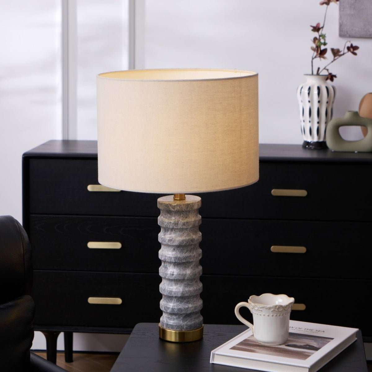 Rivara Stone Table Lamp – Sculptural Marble Base with Linen Shade