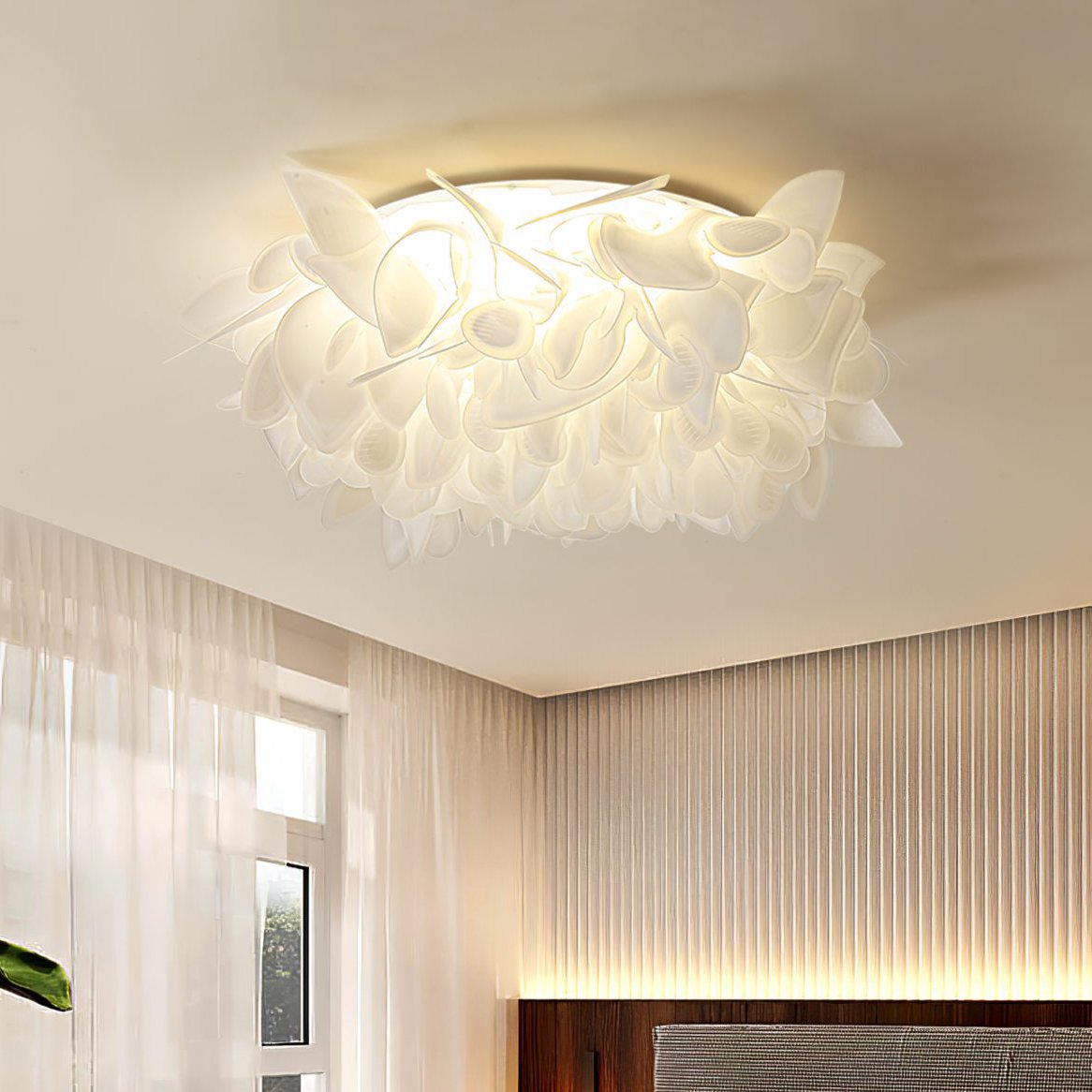 Simple Nordic Style Cozy Bedroom With Petal Shaped Ceiling Lamp