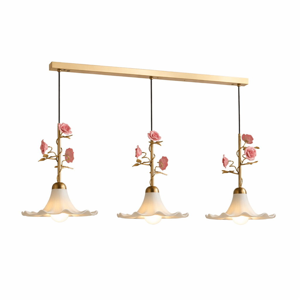 Rosaline Bloom Floral Pendant Light – Brass & Ceramic Designer Hanging Lamp