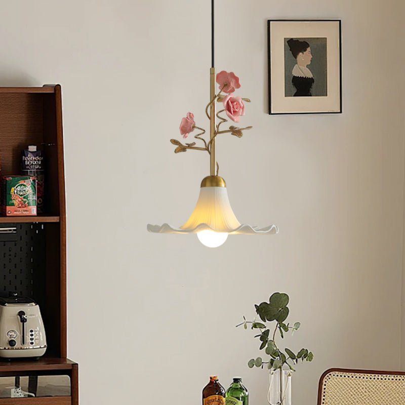 Rosaline Bloom Floral Pendant Light – Brass & Ceramic Designer Hanging Lamp