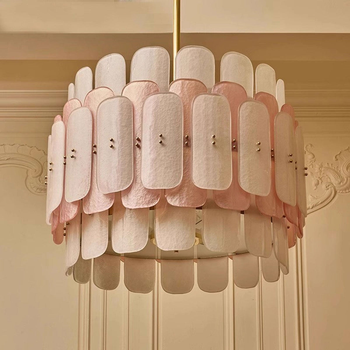 Rosalinne Petal Chandelier – Blush Pink & Ivory Glass, Copper Accents