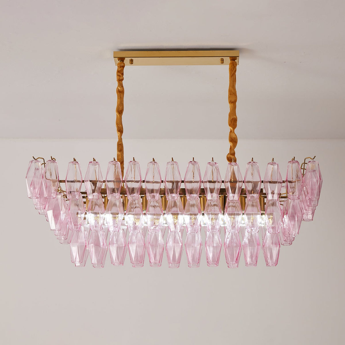 Rose Prism Glass Linear Chandelier in Gold for Dining Room and Kitchen Island