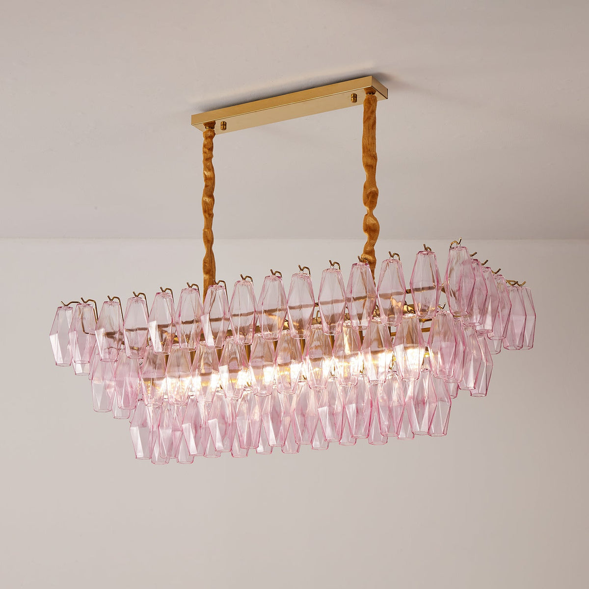 Rose Prism Glass Linear Chandelier in Gold for Dining Room and Kitchen Island