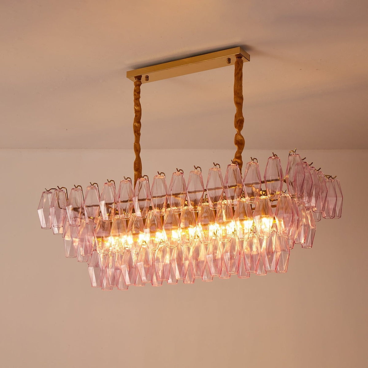 Rose Prism Glass Linear Chandelier in Gold for Dining Room and Kitchen Island