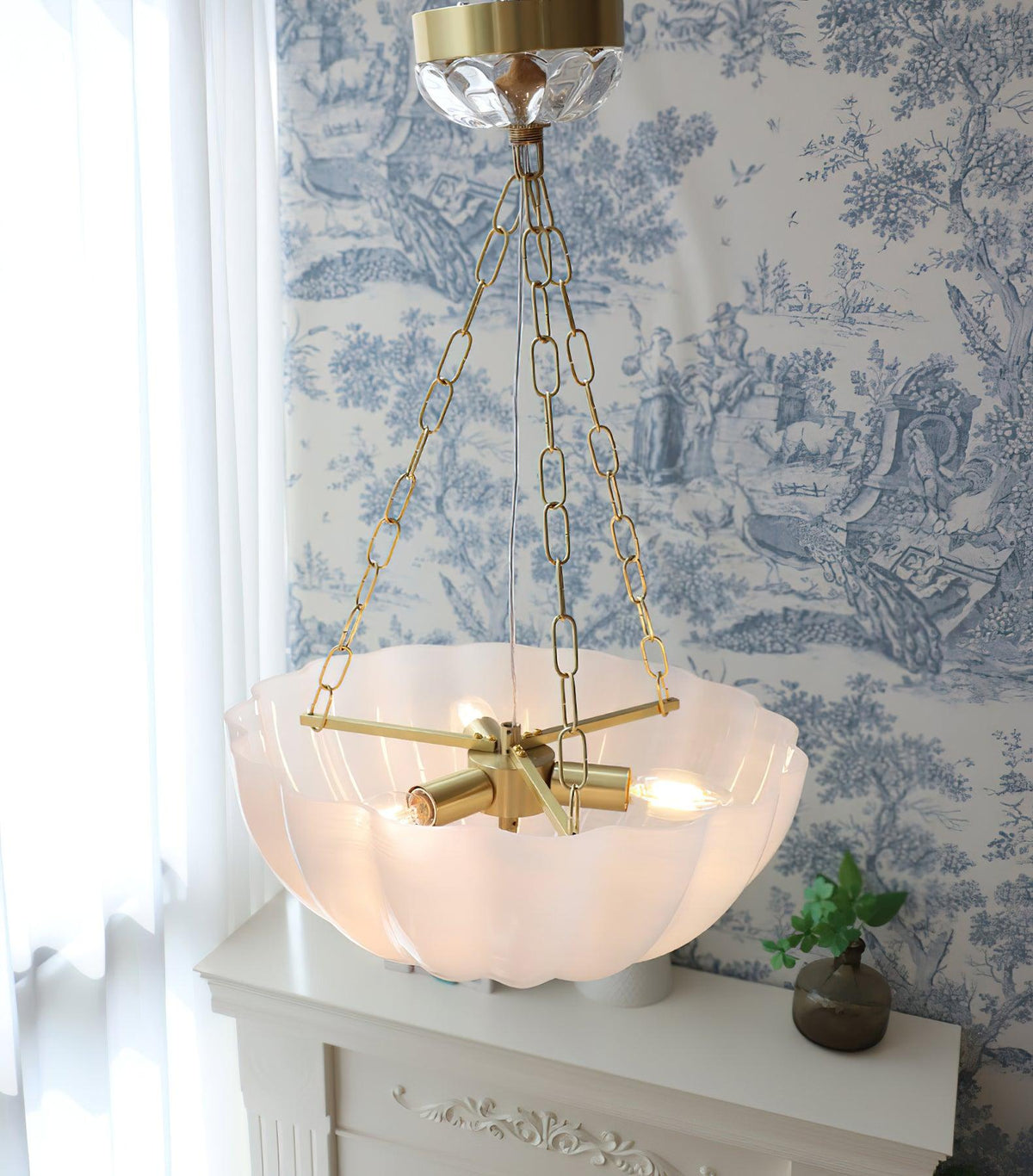 Rosehill Art Deco Chandelier — Gold Iron Frame, White Glass Shade, 3-Light