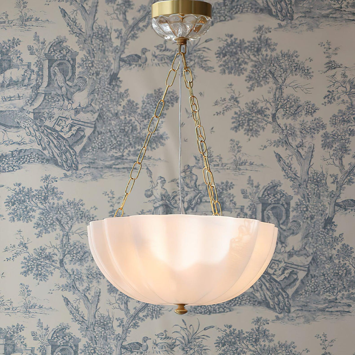 Rosehill Art Deco Chandelier — Gold Iron Frame, White Glass Shade, 3-Light