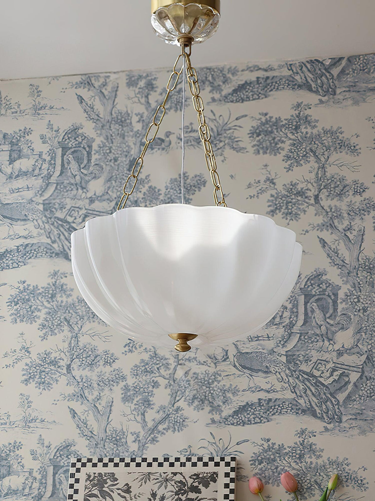 Rosehill Art Deco Chandelier — Gold Iron Frame, White Glass Shade, 3-Light