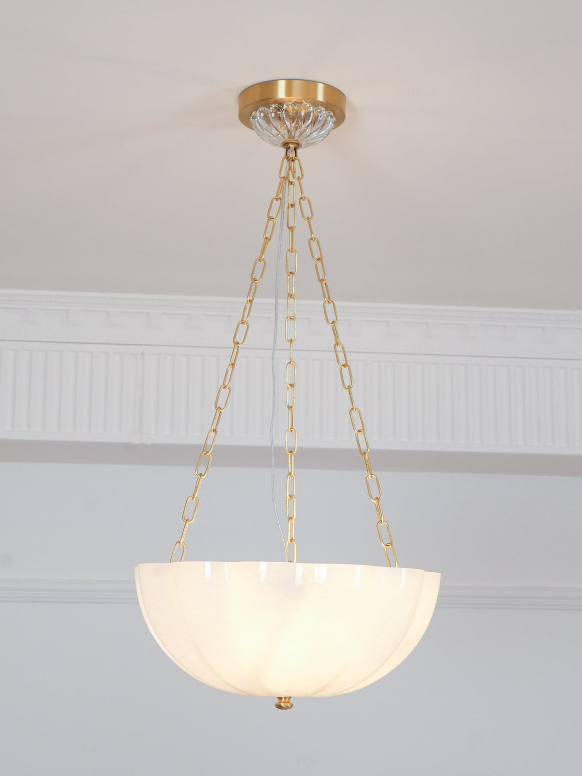 Rosehill Art Deco Chandelier — Gold Iron Frame, White Glass Shade, 3-Light