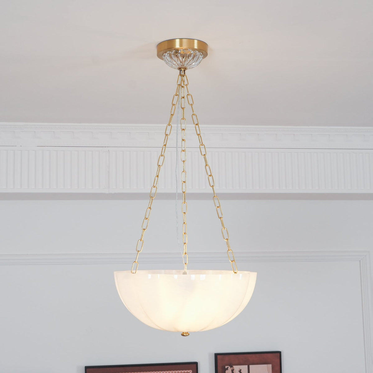 Rosehill Art Deco Chandelier — Gold Iron Frame, White Glass Shade, 3-Light