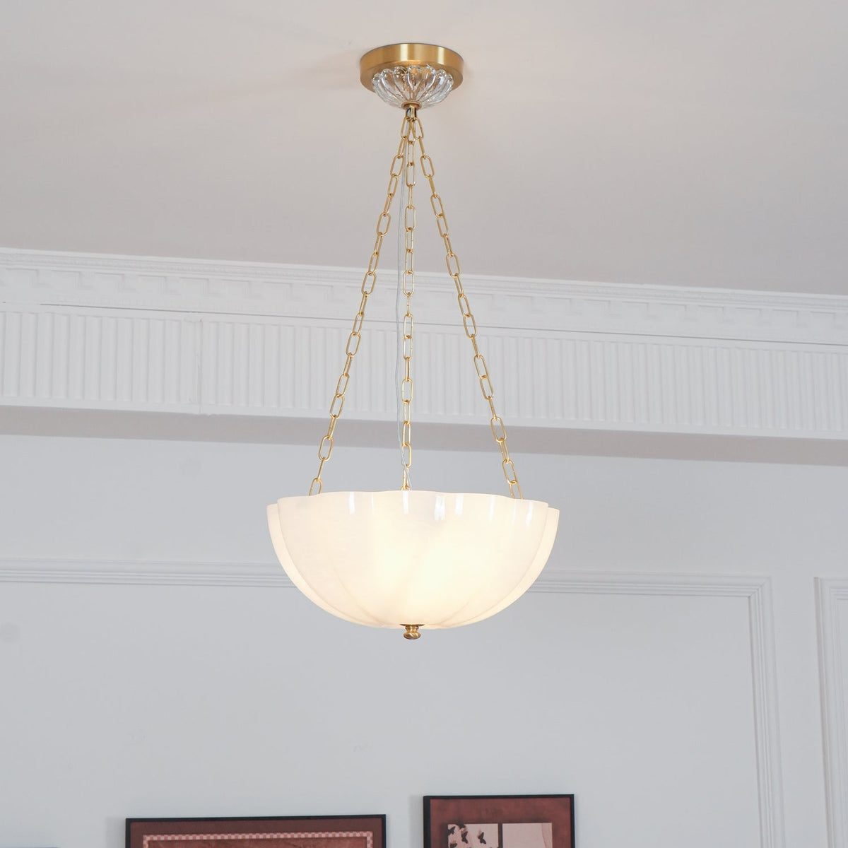 Rosehill Art Deco Chandelier — Gold Iron Frame, White Glass Shade, 3-Light