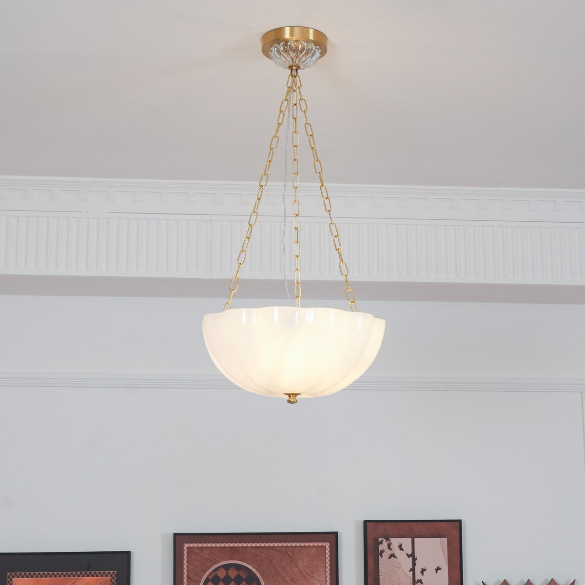 Rosehill Art Deco Chandelier — Gold Iron Frame, White Glass Shade, 3-Light
