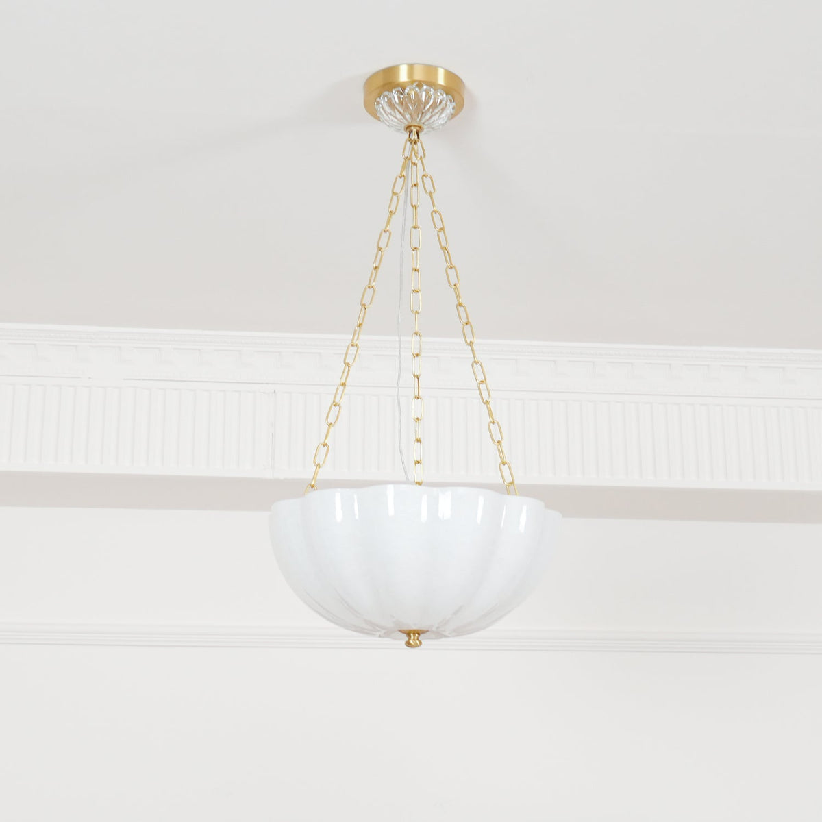 Rosehill Art Deco Chandelier — Gold Iron Frame, White Glass Shade, 3-Light