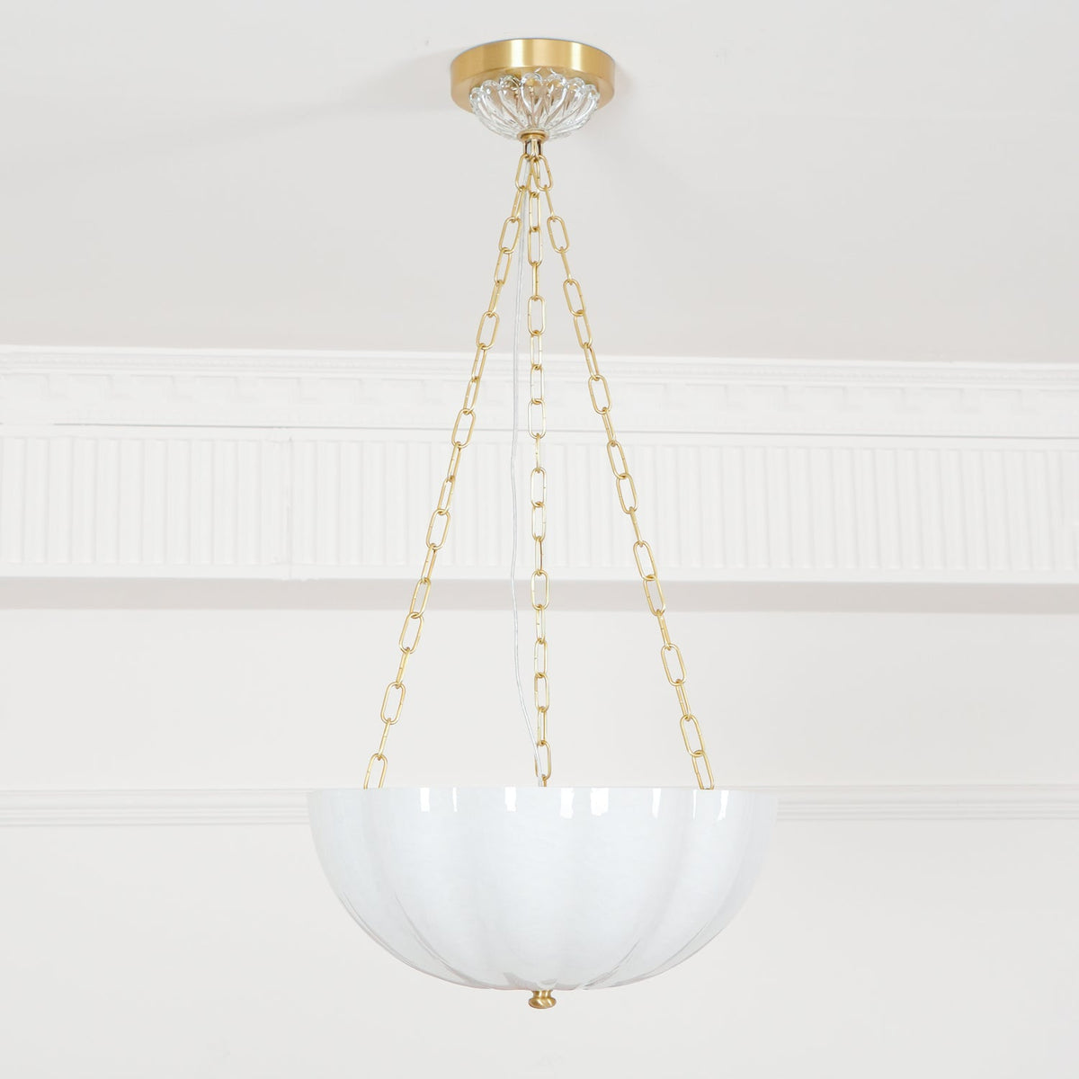 Rosehill Art Deco Chandelier — Gold Iron Frame, White Glass Shade, 3-Light