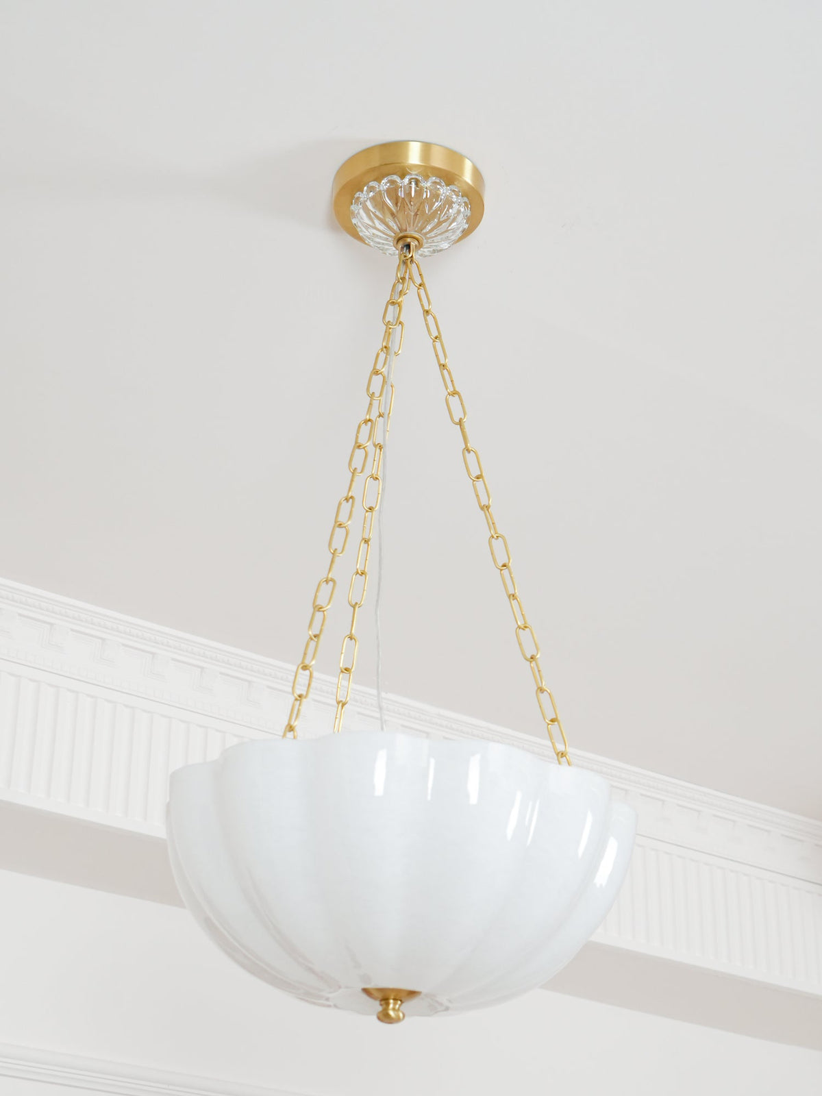Rosehill Art Deco Chandelier — Gold Iron Frame, White Glass Shade, 3-Light