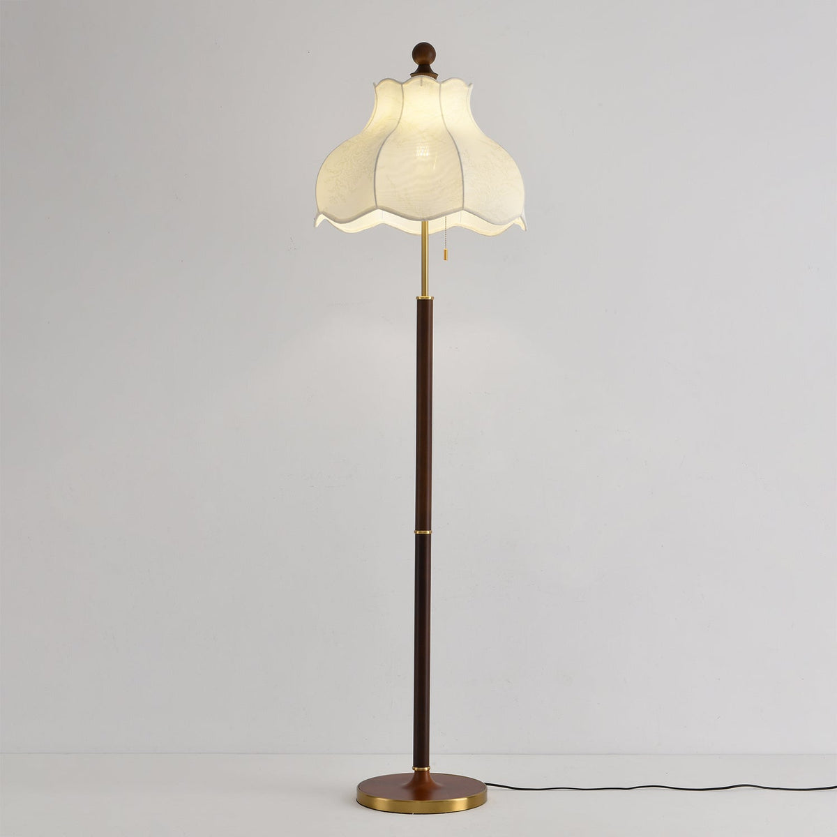 Roselle Bloom Floor Lamp – Scalloped Fabric Shade, Walnut Wood & Brass