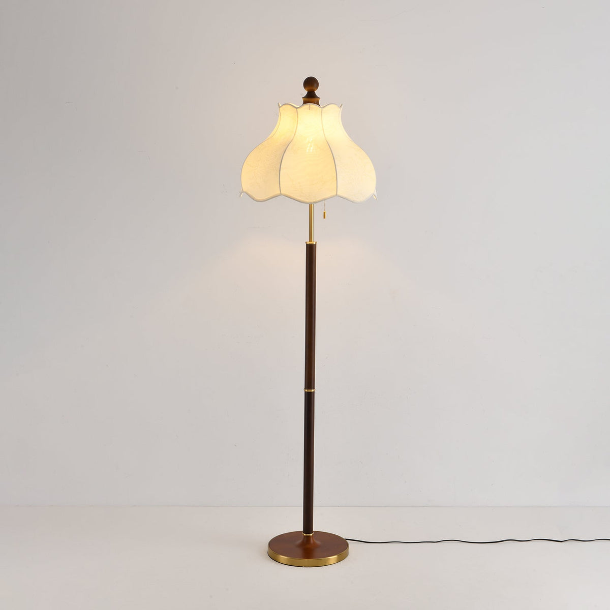 Roselle Bloom Floor Lamp – Scalloped Fabric Shade, Walnut Wood & Brass
