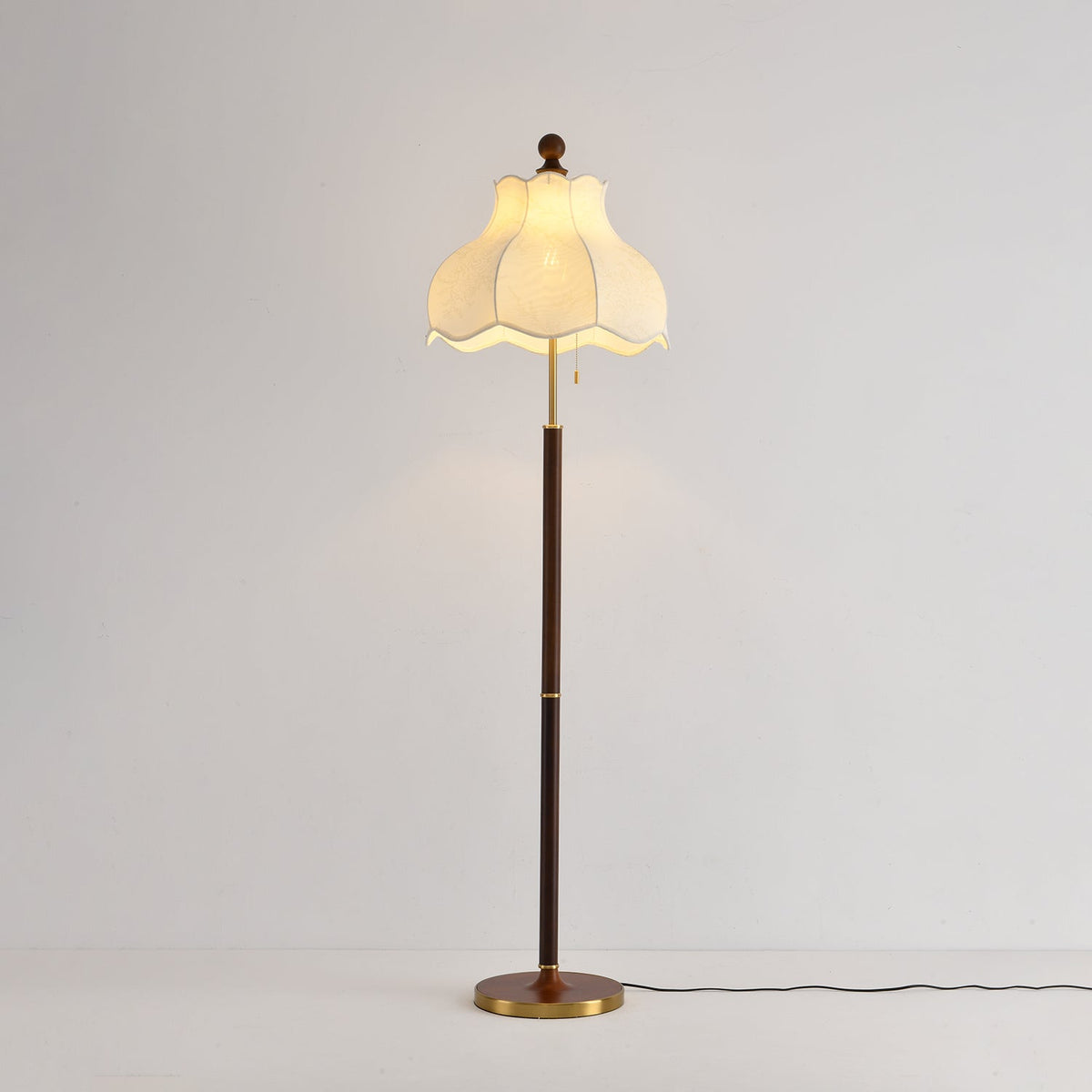 Roselle Bloom Floor Lamp – Scalloped Fabric Shade, Walnut Wood & Brass