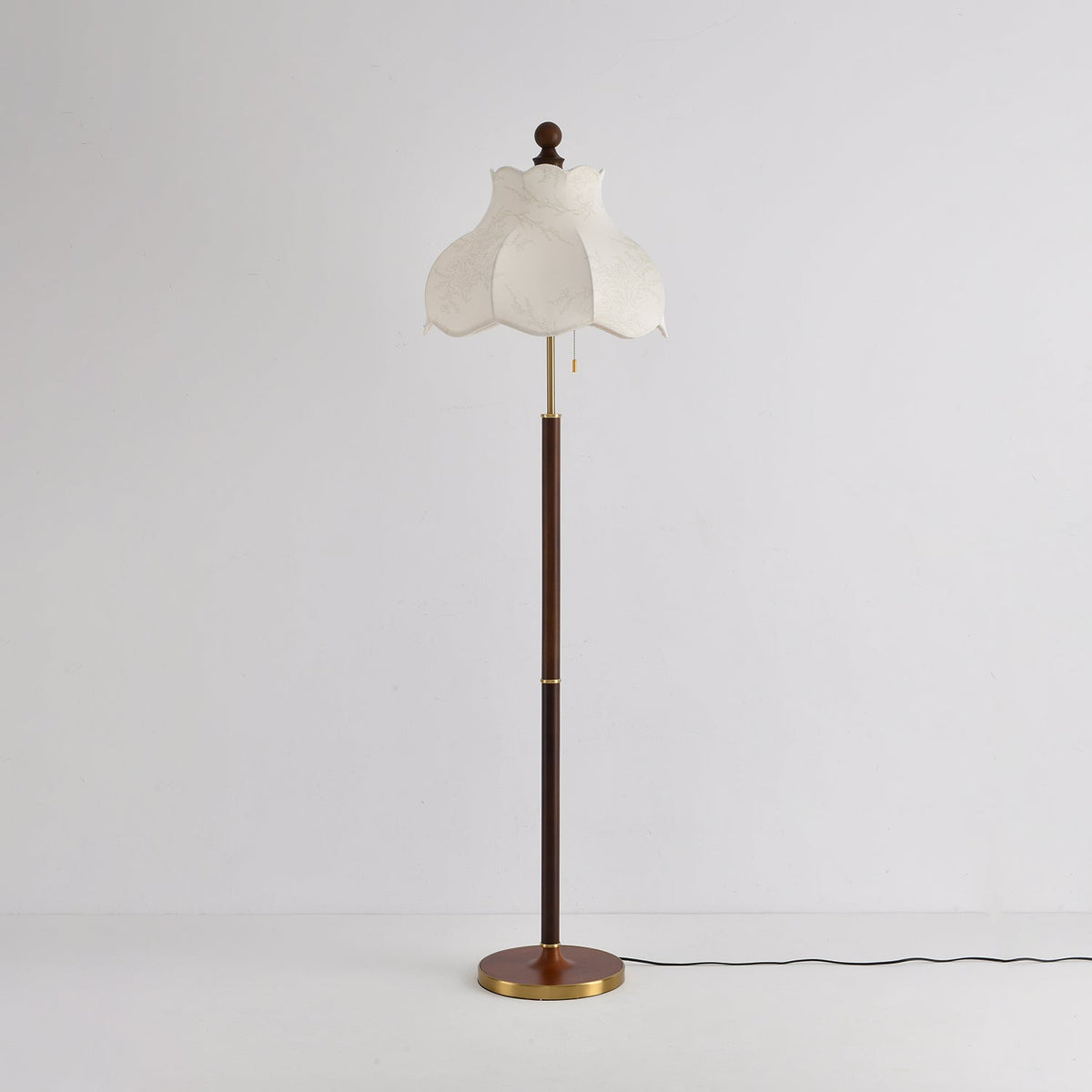 Roselle Bloom Floor Lamp – Scalloped Fabric Shade, Walnut Wood & Brass