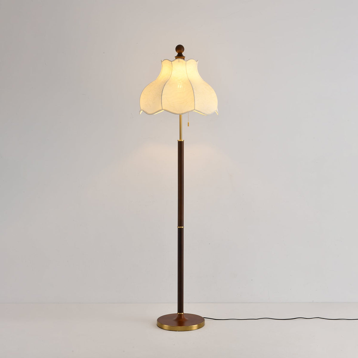 Roselle Bloom Floor Lamp – Scalloped Fabric Shade, Walnut Wood & Brass