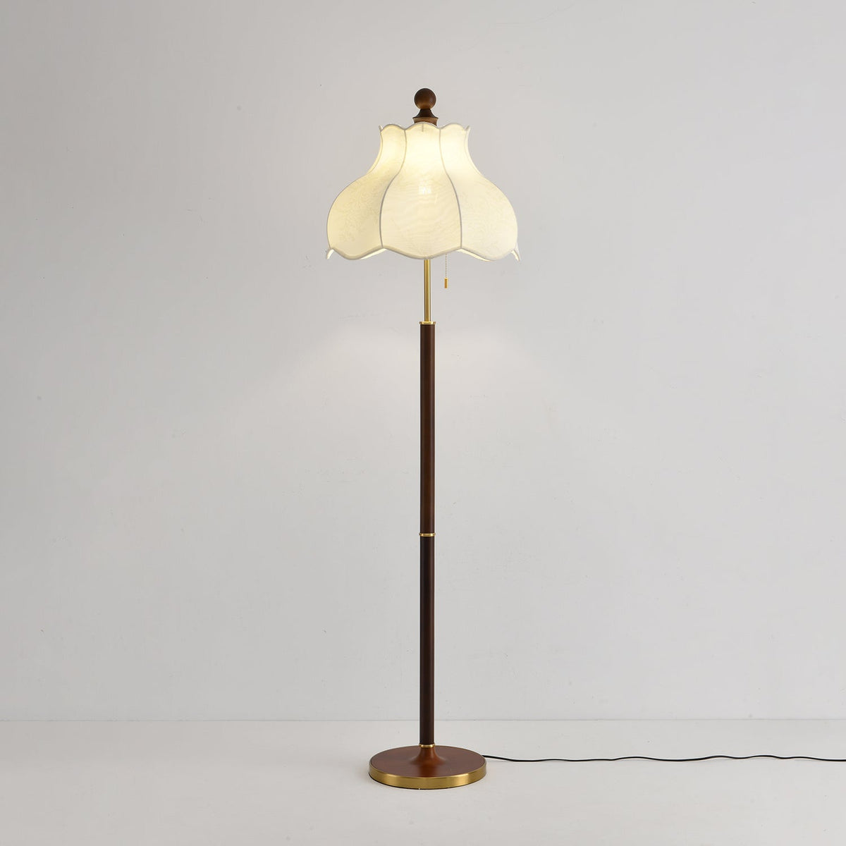 Roselle Bloom Floor Lamp – Scalloped Fabric Shade, Walnut Wood & Brass
