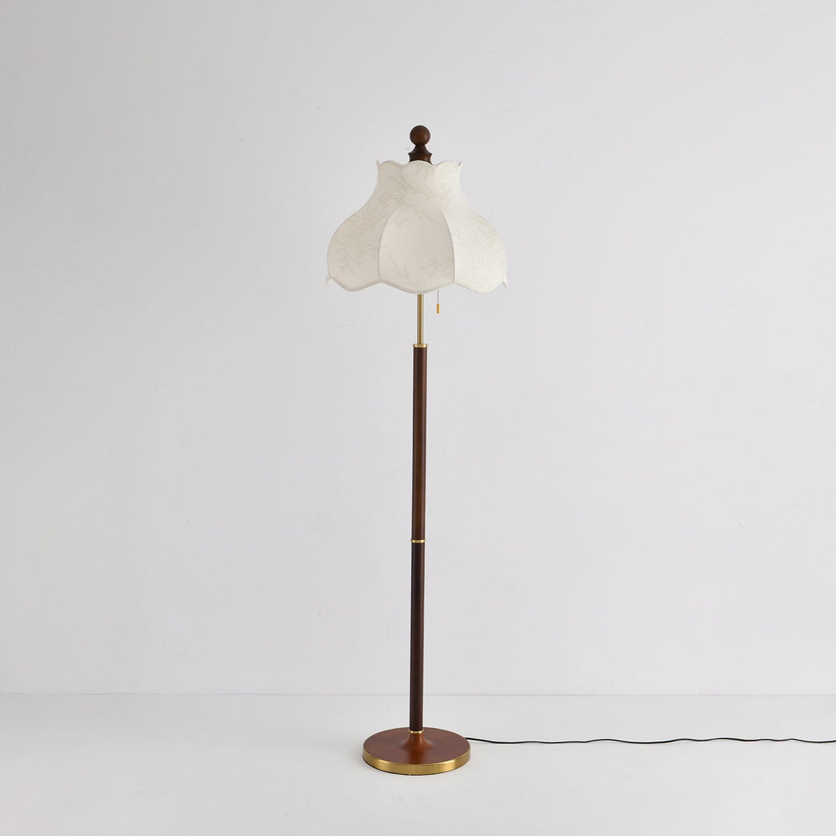 Roselle Bloom Floor Lamp – Scalloped Fabric Shade, Walnut Wood & Brass