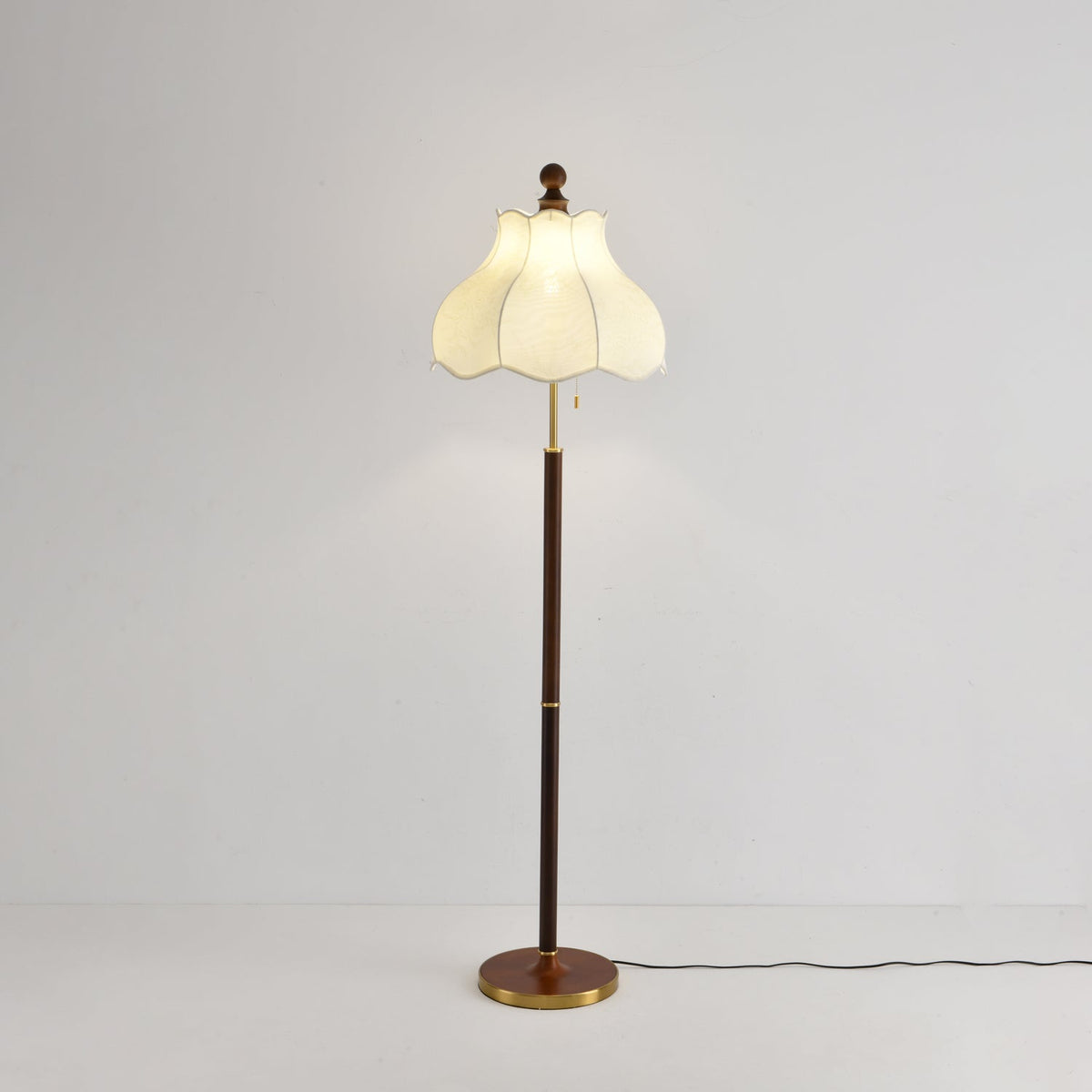Roselle Bloom Floor Lamp – Scalloped Fabric Shade, Walnut Wood & Brass