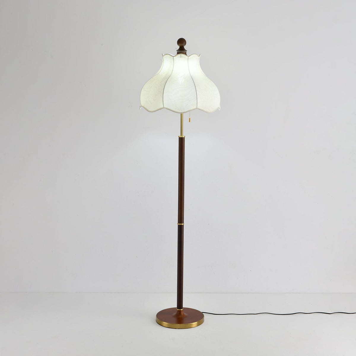 Roselle Bloom Floor Lamp – Scalloped Fabric Shade, Walnut Wood & Brass