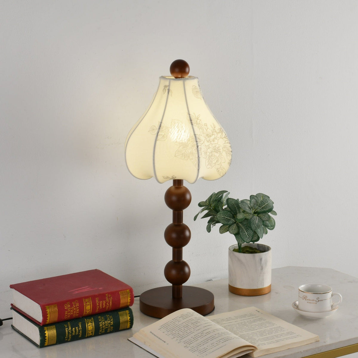 Roselle Bloom Table Lamp – Floral Shade with Walnut Wood Base