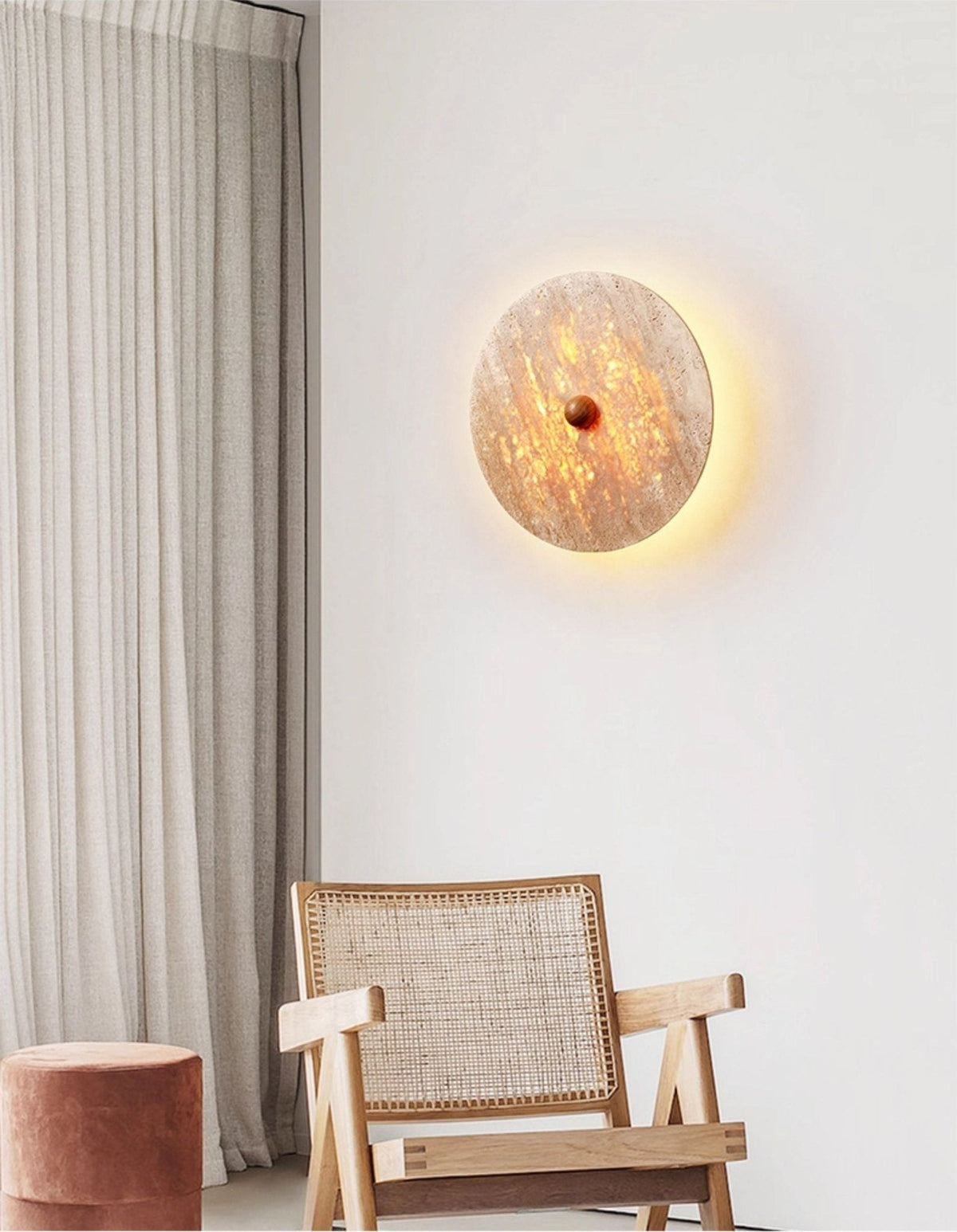 Round Travertine Disk LED Wall Sconce with Wood Accent