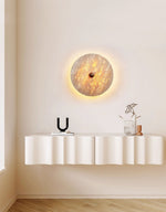 Round Travertine Disk LED Wall Sconce with Wood Accent