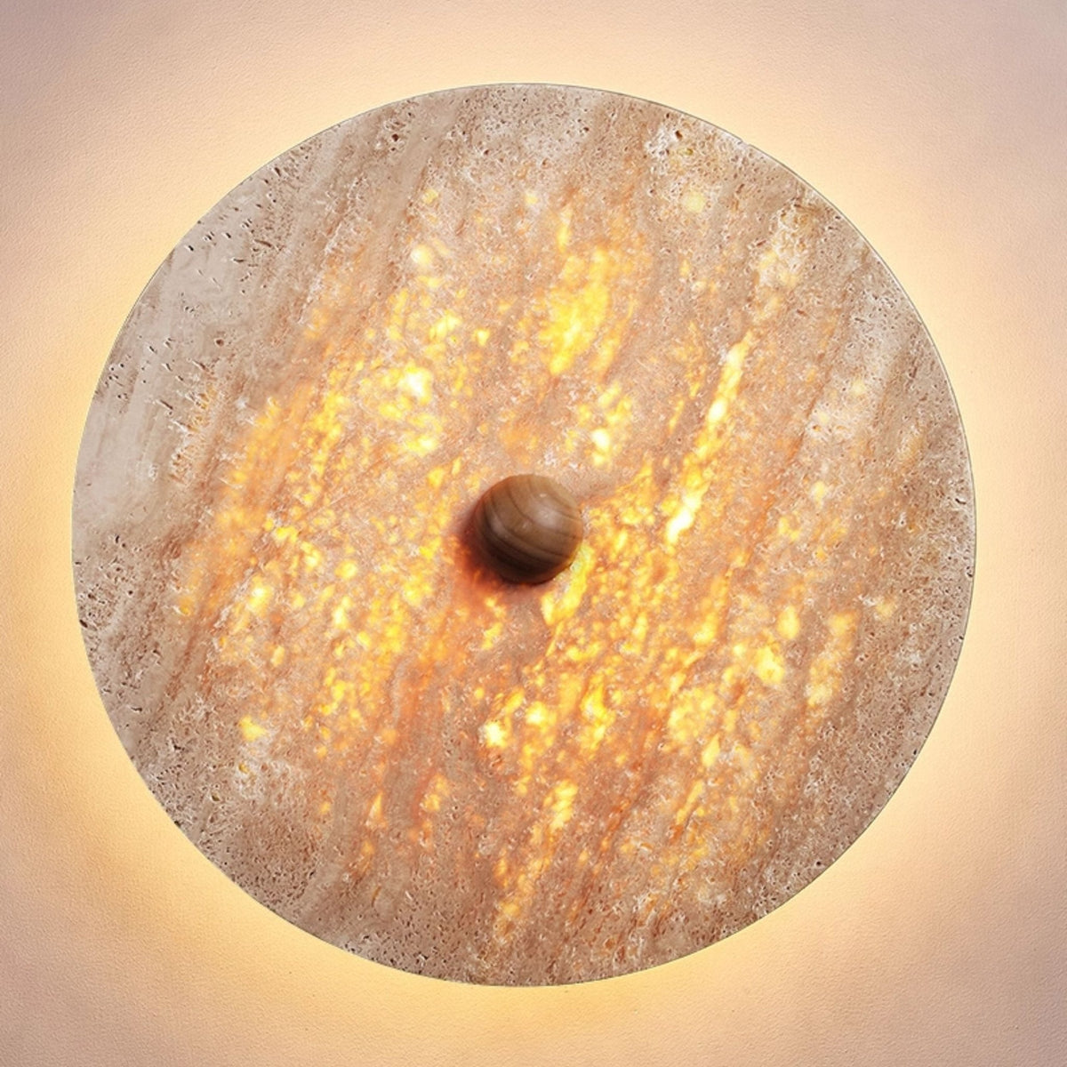 Round Travertine Disk LED Wall Sconce with Wood Accent