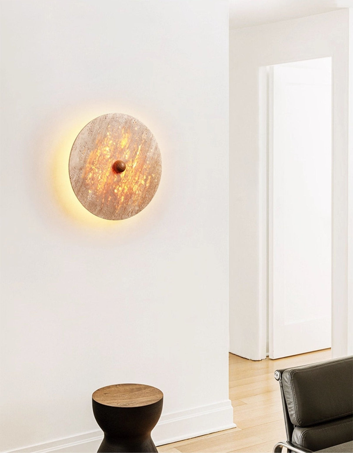 Round Travertine Disk LED Wall Sconce with Wood Accent