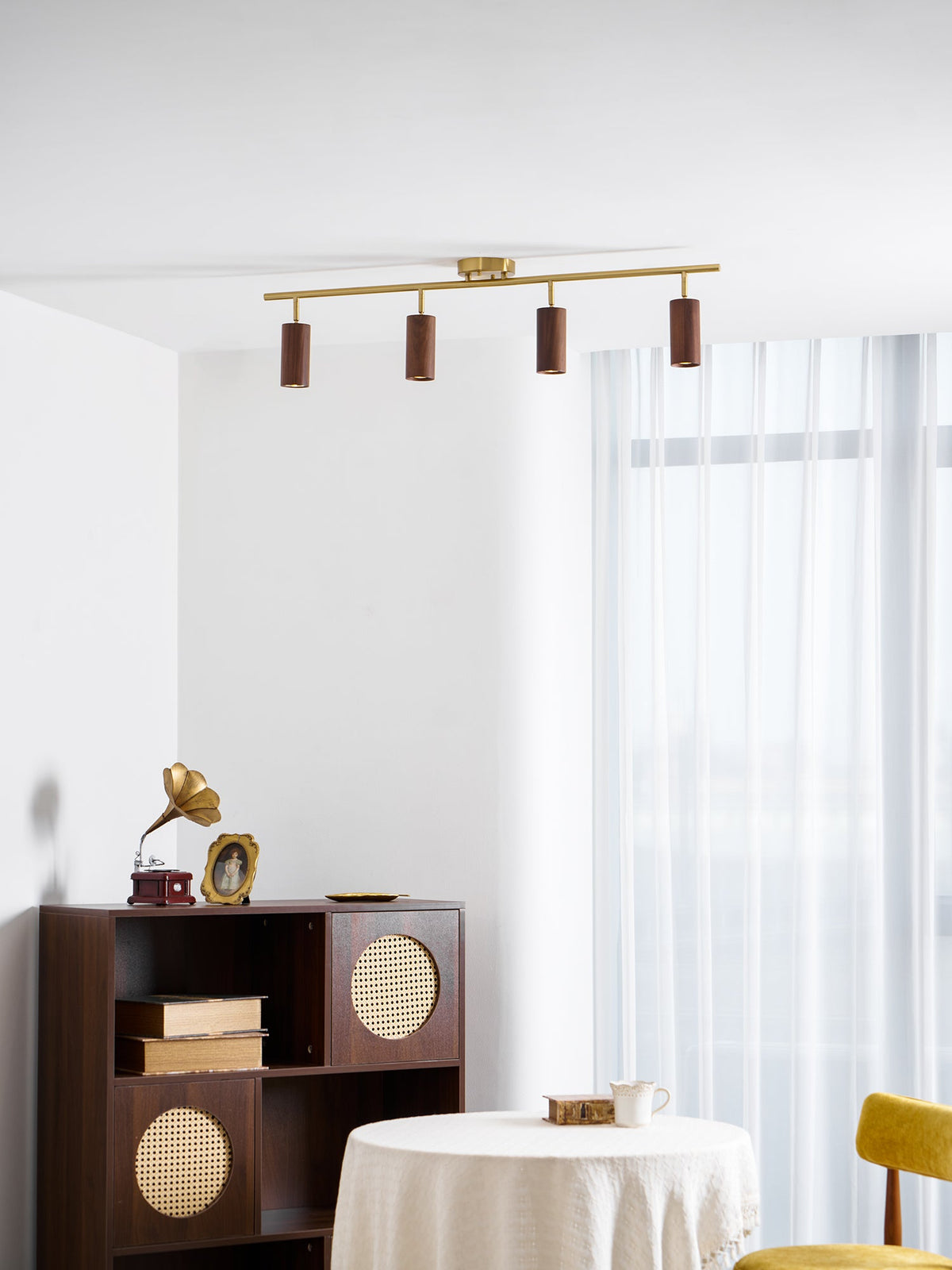 Rowan Ceiling Light in Walnut and Brass, Modern Track Lighting